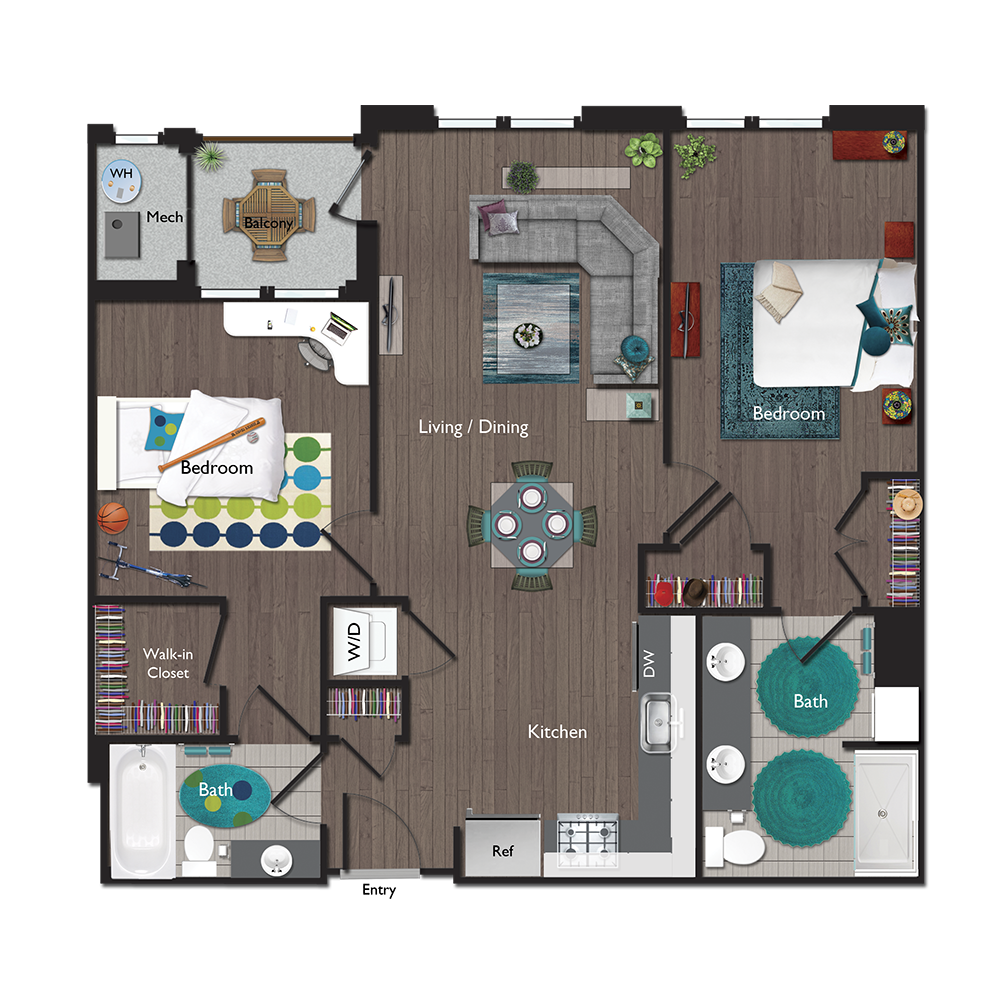 Floor plan for 2 beds, 2 baths, 982 sqft